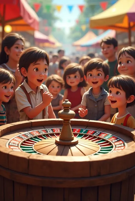 People playing the wooden color roulette game at a food fair to win a candy prize