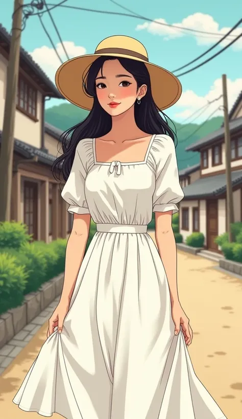 Young beautiful married woman, Small eyes, Small breasts, Straw hat, White dress, In town, Korean manga style illustration, Thick outline, Flat Color, whole body