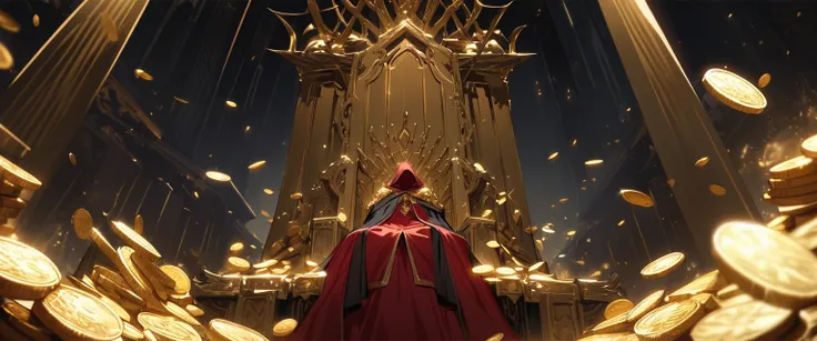 Rich, Long cloak, Gorgeous red and gold robe, huge golden throne, Dim environment, beam from above, Scattered dramatic golden coins, gorgeous atmosphere, low angle perspective, Depth of Field, High contrast lighting, dark shadow background, magnificent sce...