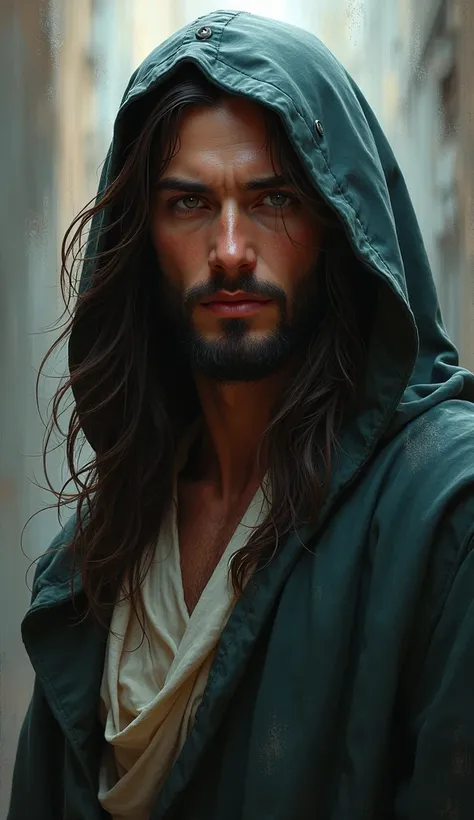 Man with long hair and hood on his head, Retrato de Jesus Christ, Jesus Christ, face of Jesus, Vestido como Jesus Christ, jesus of nazareth, Jesus, ultra realistic digital painting, handsome male face, beautiful impressive realistic, Jesus Christ em Mass E...