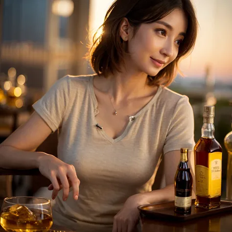 8k,Brown short hair,Japanese actress,The best smile、Super Beauty(Like the real thing),Short sleeve dress,Whiskey bottles、The Macallan、Johnnie Walker、、Old Parr、whiskey、Suntory、Nikka、Slim Couple、Model Couple、(Realistic, Intricate details:1.2), full-course di...