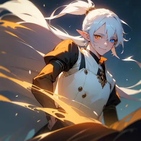 1 male elf with heterochromia, orange right eye and blue left eye, long white hair in ponytail, maid outfit, smiling, anime style, night scene, detailed face, intricate details, realistic, 8k, high quality, cinematic lighting, elegant, beautiful, magical