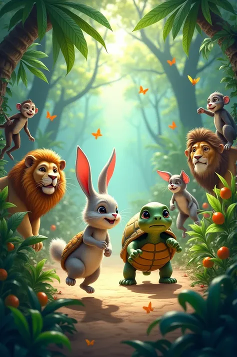 Rabbit and turtle race in jungle with other animal audience 