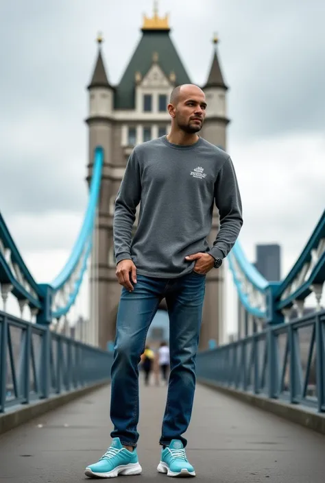 A bald head man wearing stone island shirt , straight cut denim and baby blue adidas shoe at the london bridge 