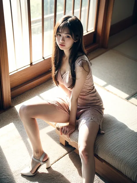 (Below angle:1.3), (wide photo shot:1.3), (High quality photo:1.5), 1women, a japanese idol women with a warm expression in the house of cabin, (playing bubble soap:1.2) (in lace slipdress:1.1), (open legs:1.2), high heel, (pretty chubby:1.2), (beauty hair...