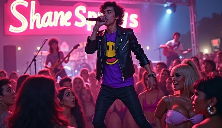 realisti, "Shane springs" big concert sign, thin male, white American teen boy 20 years old with medium length black hair, wears a violet shirt with a "smiley with Tongue out" print and a black leather jacket, shaved, sings in a microphone, jumps on stage,...