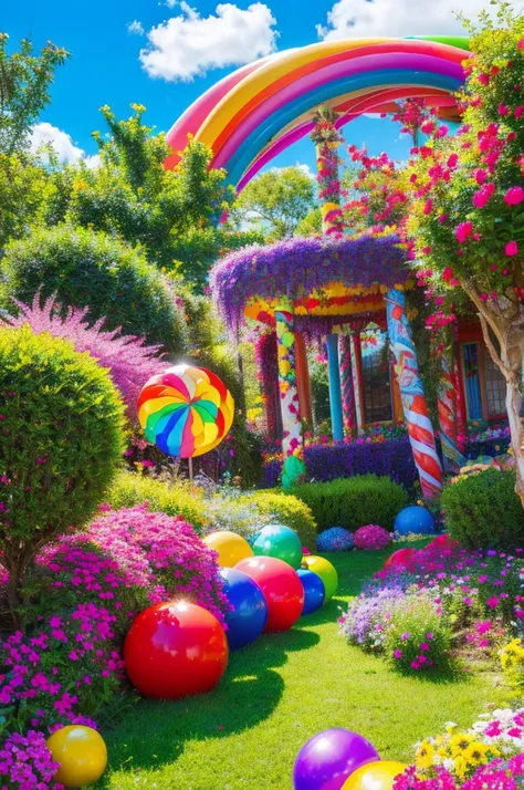 a colorful fantasy world, candy-themed landscape, vibrant colors, lollipop trees, gumball bushes, licorice vines, marshmallow clouds, rainbow skies, whimsical architecture, candy cane structures, gingerbread houses, sugary delights, playful and imaginative...