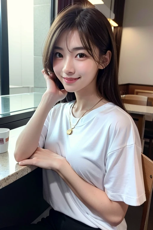 slim cute young japanese idol with tareme, mediim shoulder hair, solo sitting at a dim light cafe , taking very close selfie with a smile, smooth skin, real photo, with big smile, gold coin necklace, ultra high quality, wearing white Tshirt,light in the ey...