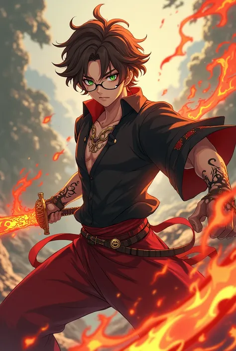 a genshin impact character. he has slight tanned skin, flame tattoos, short brown curls, green eyes, wears glasses, piercings and jewelry. He wears a wide black shirt and red harems pants. he has fire powers and uses a sword. its in the style of genshin im...