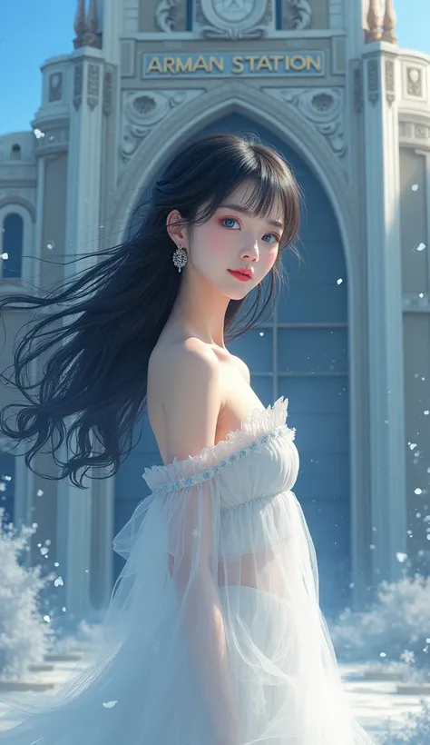 1 female, Black Hair, Blue Eyes, Delicate face, cute, Love Earrings, White Dress, Standing in front of the buliding with name ARMAN station, Surreal