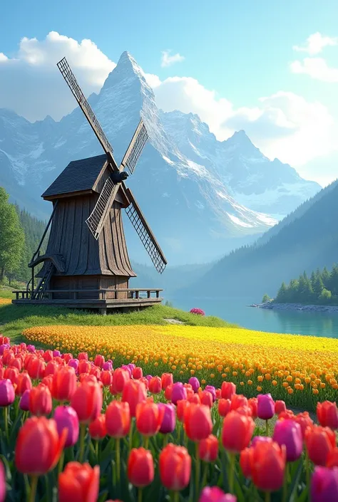 Early morning mountain view in front of us with a field of tulips and a European style windmill beside it.