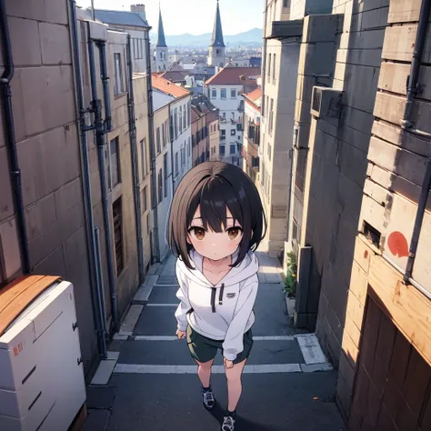 European-style cityscape, stylish, 1 person, juvenile, short hair, Black Hair, Brown eyes, Black hoodie, cargo pants, Strong winds, 8k, masterpiece, View your viewers, Super sharp
