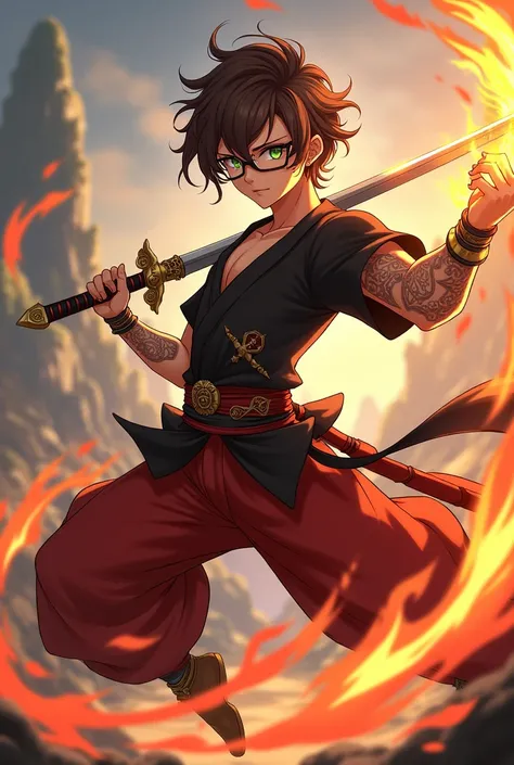 a genshin impact character. he has slight tanned skin, flame tattoos, short brown curls, green eyes, wears glasses, piercings and jewelry. He wears a wide black shirt and red harems pants. he has fire powers and uses a sword. its in the style of genshin im...