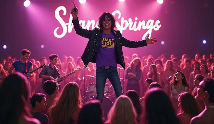 realisti, "Shane springs" big concert sign, thin male, white American teen boy 20 years old with medium length black hair, wears a violet shirt with a "smile high club" print and a black leather jacket, shaved, sings in a microphone, jumps on stage, 3 boys...