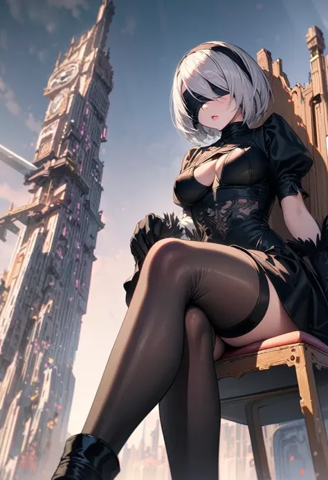 Super detailed, High resolution, Absurd, High resolution, 2b, Nier Automata, Gray Hair, Blindfolded, Very beautiful, Only one adult female, Pink ruined future city, Black clothes, sitting cross-legged on a chair, I have a long medieval sword., Angle from b...