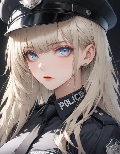 high resolution, Masterpiece, Anatomically correct, precise, qualityที่ดีที่สุด, quality, 1 woman, Age 25 years ,long hair, platinum blonde hair, icy blue eyes, big breasts, full bangs , Dark makeup, A cold expression simple background, Close-up , Anime st...