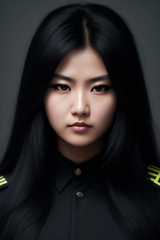 jet black hair,very long hair,messy hair,thick hair,fluffy hair,most very heavy weight hair,most very voluminous hair,shiny jet black hair,female jail officer,black uniform,black pants,1 chinese woman,tall woman,strong woman,most very angry face,slit eyes,...