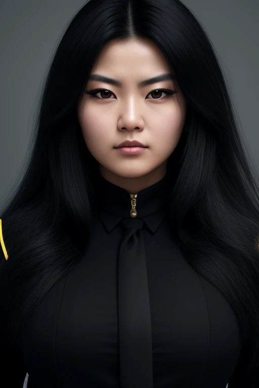 jet black hair,very long hair,messy hair,thick hair,fluffy hair,most very heavy weight hair,most very voluminous hair,shiny jet black hair,female jail officer,black uniform,black pants,1 chinese woman,tall woman,strong woman,most very angry face,slit eyes,...