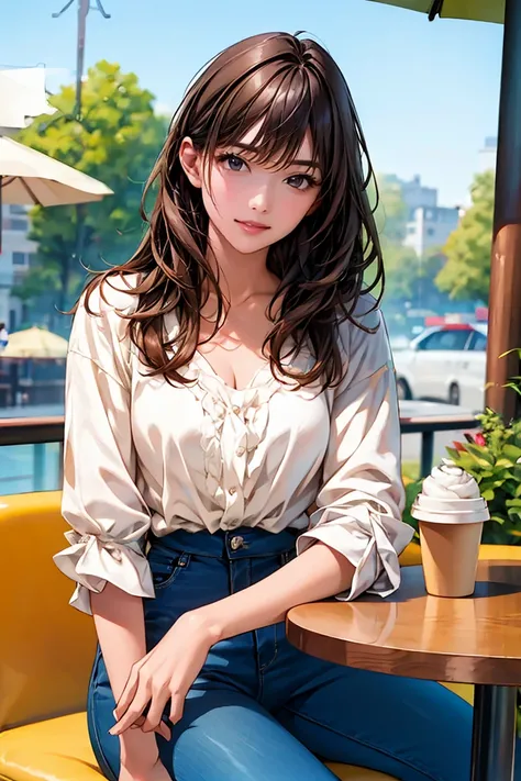 Outdoor terrace of an urban cafe、Sunny day、A sophisticated woman in her late twenties sits at a table。She has long black hair、Wearing a white blouse and denim jeans。There is a coffee cup with latte art and a croissant on the table。A friend is sitting acros...