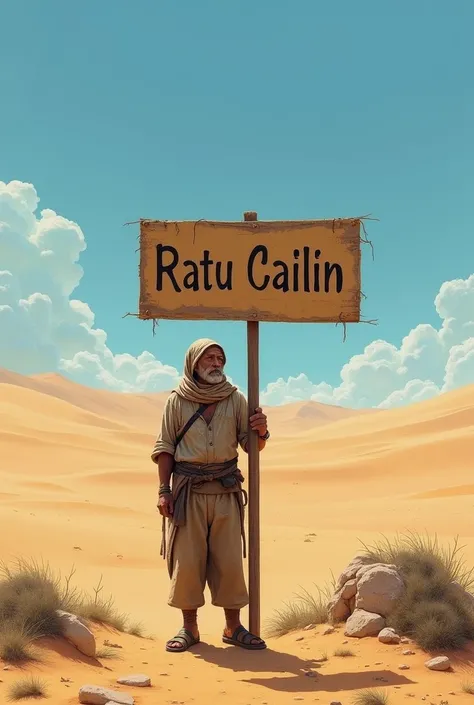 a man in the middle of the desert with a sign in the background that says Ratu Cailin 