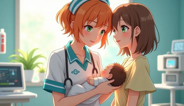 Hospital scene，Nurse wearing nurse uniform with orange hair and green eyes holding newborn baby，My mother, wearing a light yellow dress and brown hair, was watching beside me.，3D Anime Style，High-definition quality