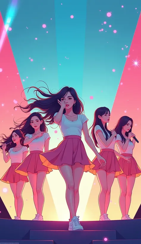 Young and beautiful K-pop idols, Small eyes, Small breasts, sexy, stage, Korean manga style illustration, Thick outline, Flat Color, whole body