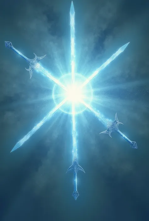 void sky with only a small single light heavenly down, with 6 divine giant swords around in a circle