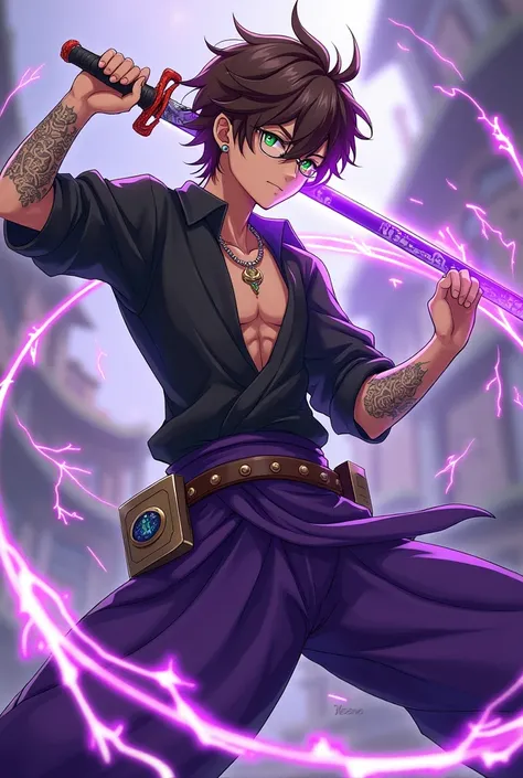 a genshin impact character. he has slight tanned skin, lightning tattoos, short brown curls, green eyes, wears glasses, piercings and jewelry. He wears a wide black shirt and purple harems pants. he has purple electro powers and uses a sword. its in the st...