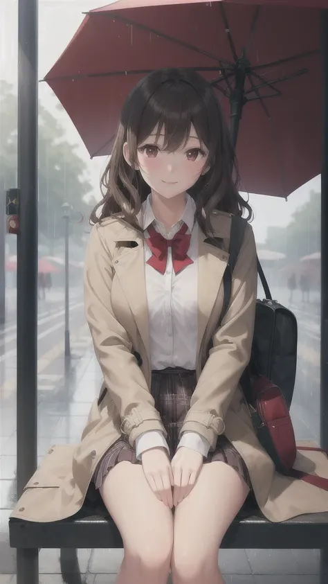 masterpiece, Highest quality, (Dark Photos:1.3), Realistic, high school student,One girl,Emotional, Ulzzang, (Pure Eros Face_v1:0.7), Sitting, Light brown wavy hair, Beige trench coat, White button-up shirt, Checked skirt, Maroon shoulder bag, I put my han...