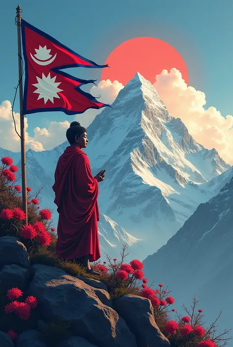 Nepal flag, mount everest , historical place .. gautam buddha .. Rhododendron, , khukuri, & mtglsw written board in the top on mountain all together in a better way possible 