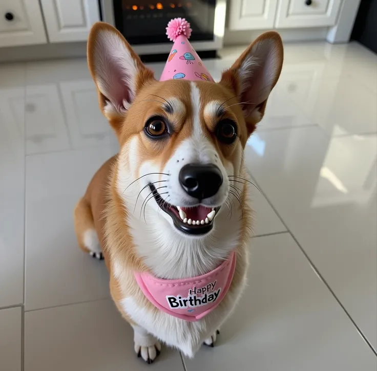 Cartoon Dog Character, Corgi Breeds, Low coat, Light beige,Bibs with Happy Birthday，Birthday hat is a bit overweight, Animated Characters, Stylized characters, Animation style rendering, 3D style, Arnold Maya Rendering, Stylized 3d rendering, Cartoon Rende...