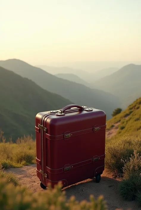 Realistic landscape format image conceptual image luxury travel with burgundy suitcase