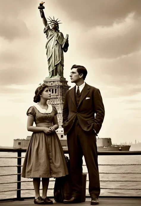 1892, Manhattan, New York. A poor young Italian immigrant couple looking up at the Statue of Liberty from the deck of an immigrant ship. Their expressions are a mixture of hope and anxiety. Sepia-toned. High-definition, realistic, detailed.