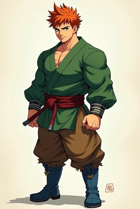 A boy of 15 years of Slavic appearance, height 180 cm, short hair, chestnut-colored hedgehog, large, pumped-up physique, dressed in a green clan haori, brown pants, wearing blue boots