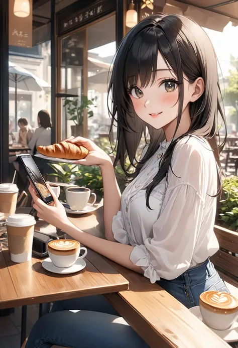 Outdoor terrace of an urban cafe、Sunny day、A sophisticated woman in her late twenties sits at a table。She has long black hair、Wearing a white blouse and denim jeans。There is a coffee cup with latte art and a croissant on the table。The hand of a friend sitt...