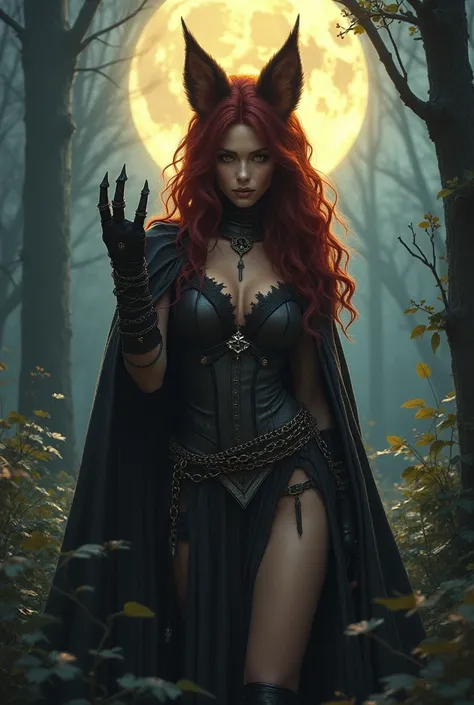 A European brown-eyed fox, a very beautiful monster girl, a cowboy hat on her head, a lush red mane of hair resting on a two-handed sword, a black cloak and knee-length chain mail on her shoulders, long brown ears with dark brown inside, brown fur, brown d...