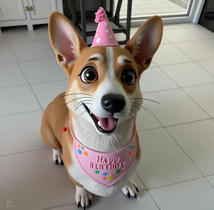 Cartoon Dog Character, Corgi Breeds, Low coat, Light beige,Bibs with Happy Birthday，Birthday cap ，a little overweight, Animated Characters, Stylized characters, Animation style rendering, 3D style, Arnold Maya Rendering, Stylized 3d rendering, Cartoon Rend...