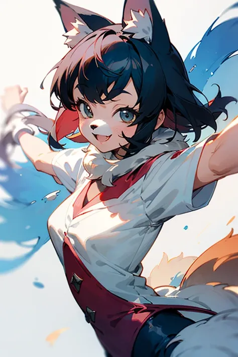 FHD, masterpiece, anime, kemono, furry, dog face, with dog ears, a furry girl, monster, dancing, white background, fantasy, watercolor, cheerful grin, dutch angle shot, 