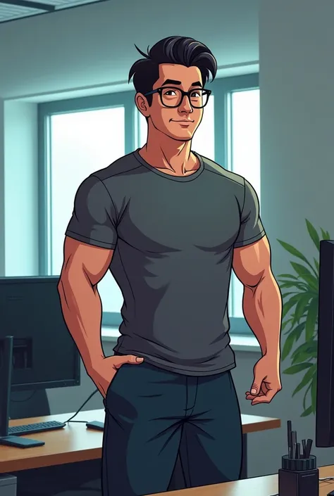 Asian people, like to play sports, weight training, muscular, square black-frame glasses，nerds，40 Years old, one guy, work in IT company, network engineer, The scholar，black short hair，Brown eyes, cartoon