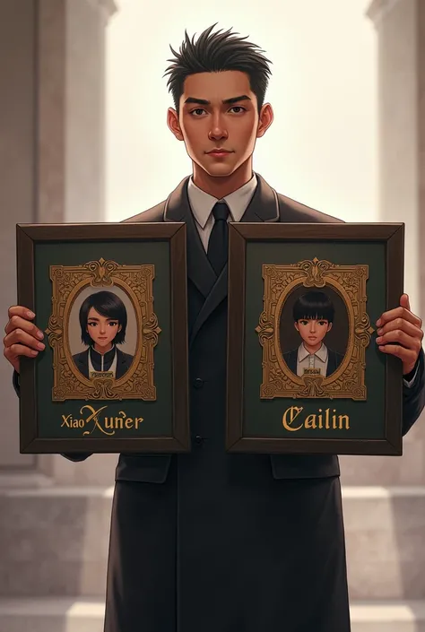 a man holds two signs that say Xiao Xuner and Cailin 