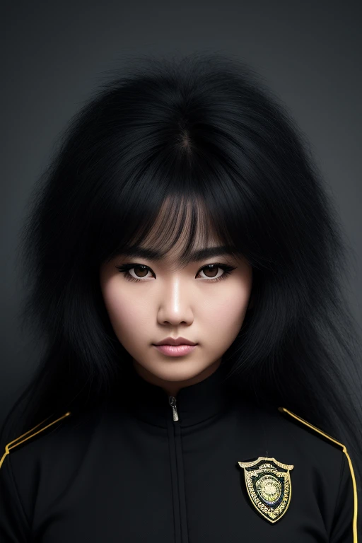 jet black hair,midium hair,wolf hair,lion hair,messy hair,thick hair,fluffy hair,most very heavy weight hair,most very voluminous hair,shiny jet black hair,female jail officer,black uniform,black pants,1 chinese woman,tall woman,strong woman,most very angr...