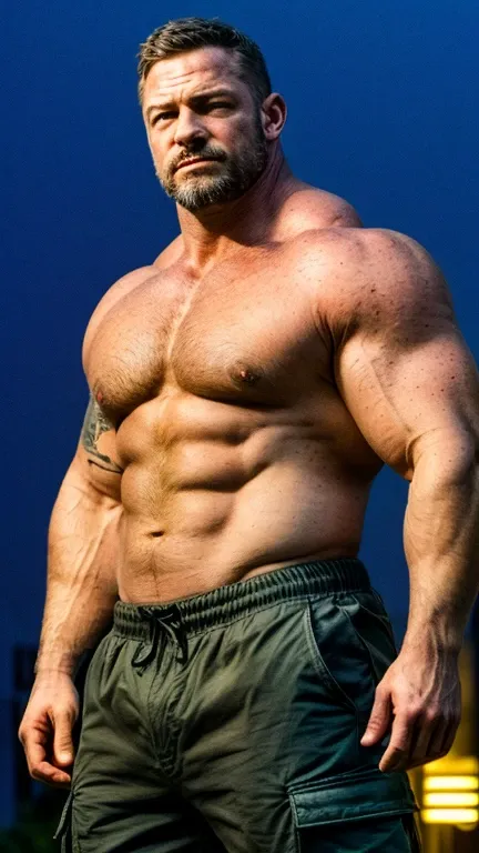 An award-winning original photo, A musclebear man, (40 years old daddy:1.1), 1 man, Solo, strongman, (wearing cargo pant), (big shoulders), musculature, strong physique, hairy, tattoos, stubbles, Short beard, (Detailed body), (realistic eyes), looking at v...