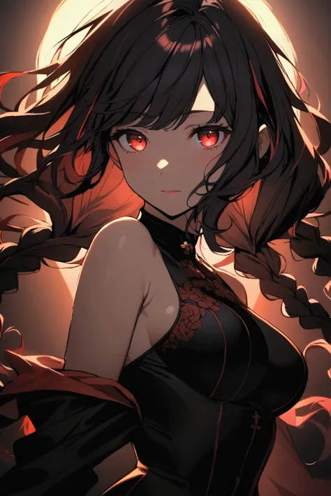 girl with long black hair with red highlights red eyes wavy hair breasts, triple braids,