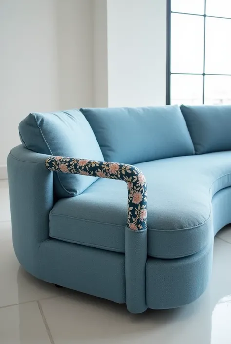 generate me a  l shaped sofa in horizontal  of new shapes with contemporary ergonomic design  with light blue boucle fabric and printed  fabric  on handles 