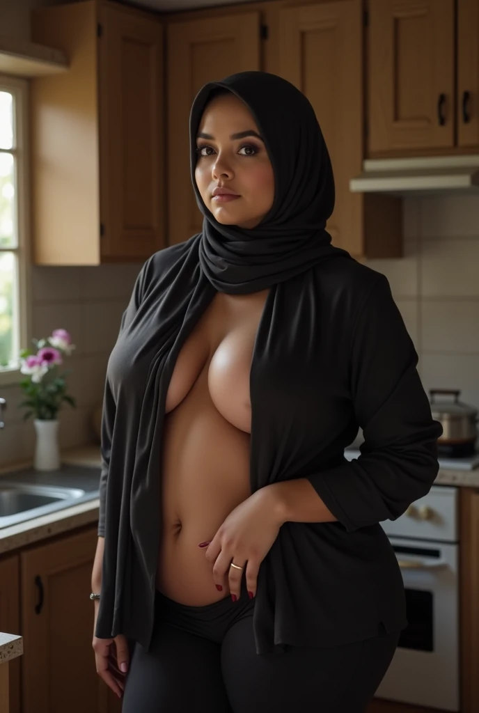 Indonesia girl bbw big boobs hijab naked beside kitchen
