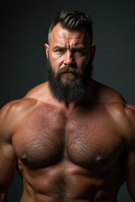 An award-winning original photo, A burly musclebear beefy man, (40 years old daddy:1.1), 1 man, Solo, (wearing Nothing), (big shoulders), musculature, strong physique, hairy, burly and fluffy, stubbles, Short beard, (Detailed body), realistic eyes, deadpan...