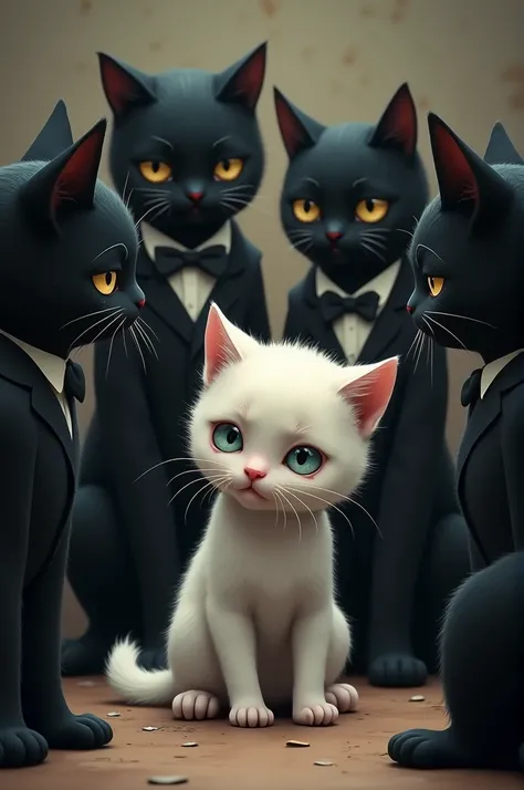 I want to create a white kitten crying because of other big black cats bullied the cats should be with dress like humans