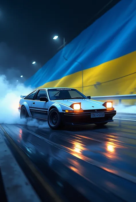 Toyota ae 86 in white and black color on the background of the flag of Ukraine in anime style at night and drifting
