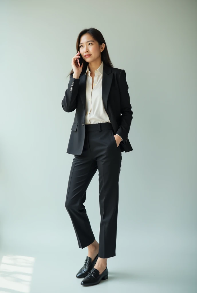 Generate an asian businesswoman holding phone with no background.