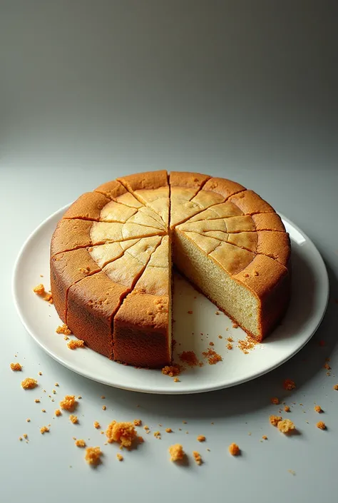 A cake, which has already been largely eaten; many pieces are missing. The cake is on a plate, which is much too big for the cake and there are crumbs on the plate. The cake looks old and dry and not tasty
